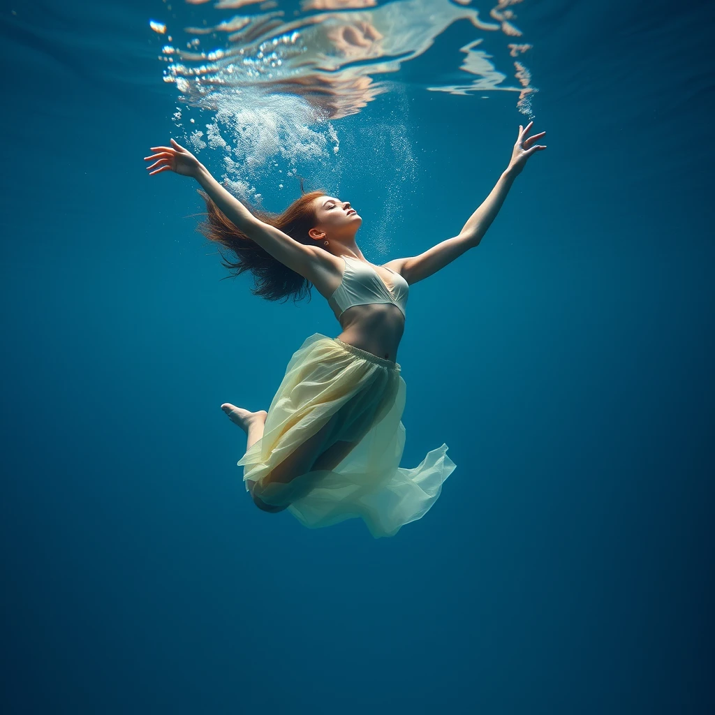 A symbolic photo: A young woman dancing underwater. Life and sensitivity. Perfection. Beauty. Attraction. Supple. Form. - Image