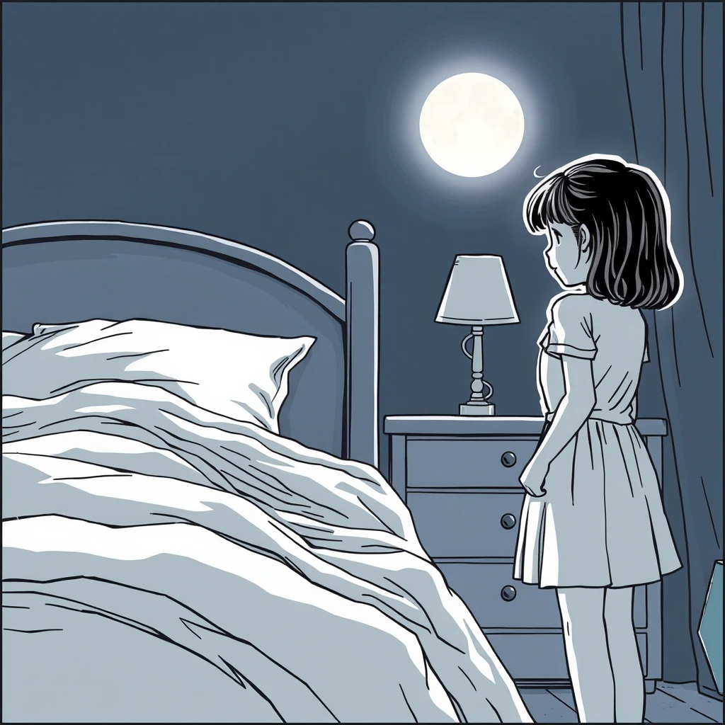 Side view of the bed where a woman with a big ass is sleeping while her daughter, standing nearby, is opening a drawer. It's a dark night with moonlight, creating an atmospheric scene in comic line art style, with a close-up on the side view of the girl. - Image