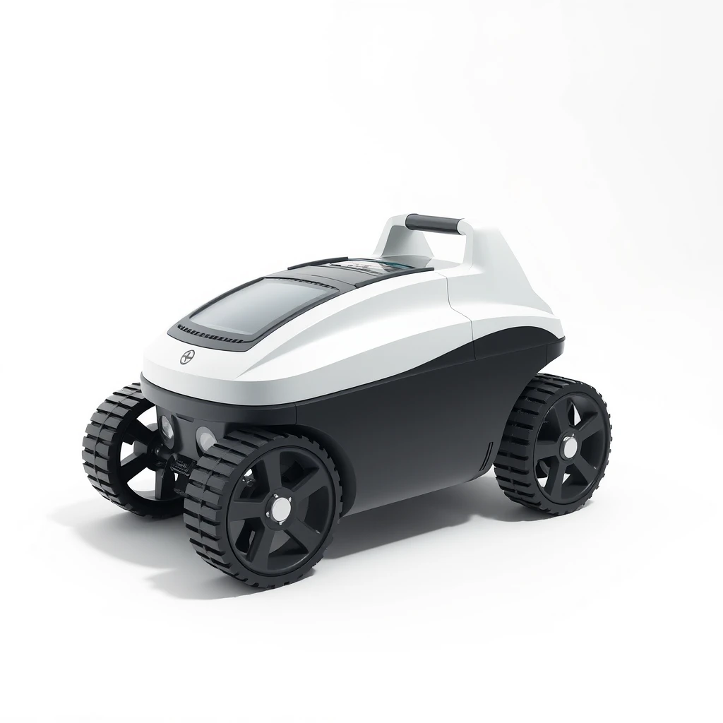 Underwater cleaner, no humans, white background, simple background, shadow, four wheels, has a handle for handling machines, screen, streamlined body, pool cleaner, pool garbage cleaning, integrated body, no steering wheel, water element, pool scene, product design, best quality, OC renders. - Image