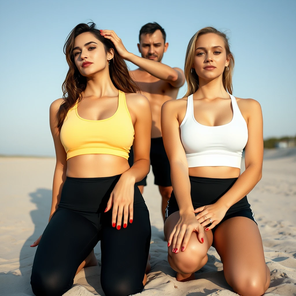 Two women in sportswear kneeling in the sand with red painted toenails, with a man standing behind them with his hand on their hair.