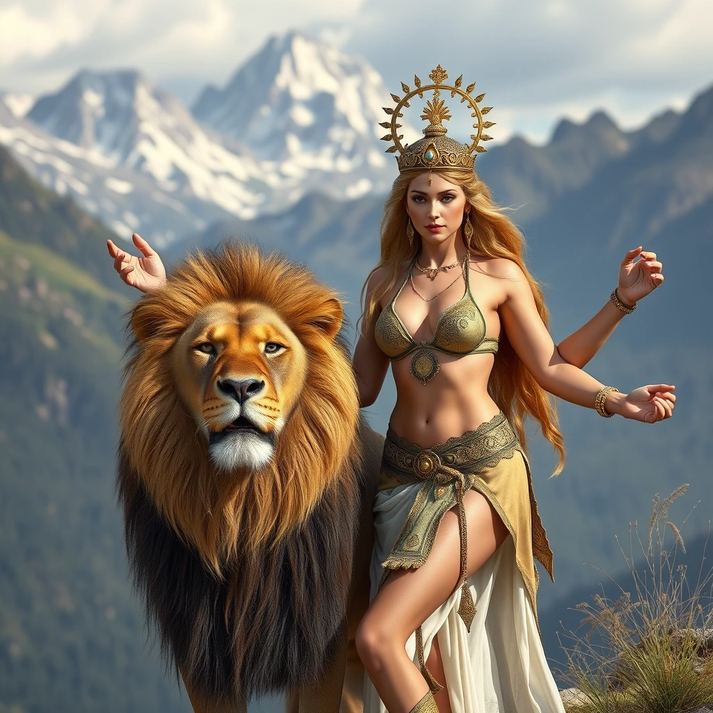 sexy looking youthful goddess with four arms, standing next to affectionate male lion in mountains - Image