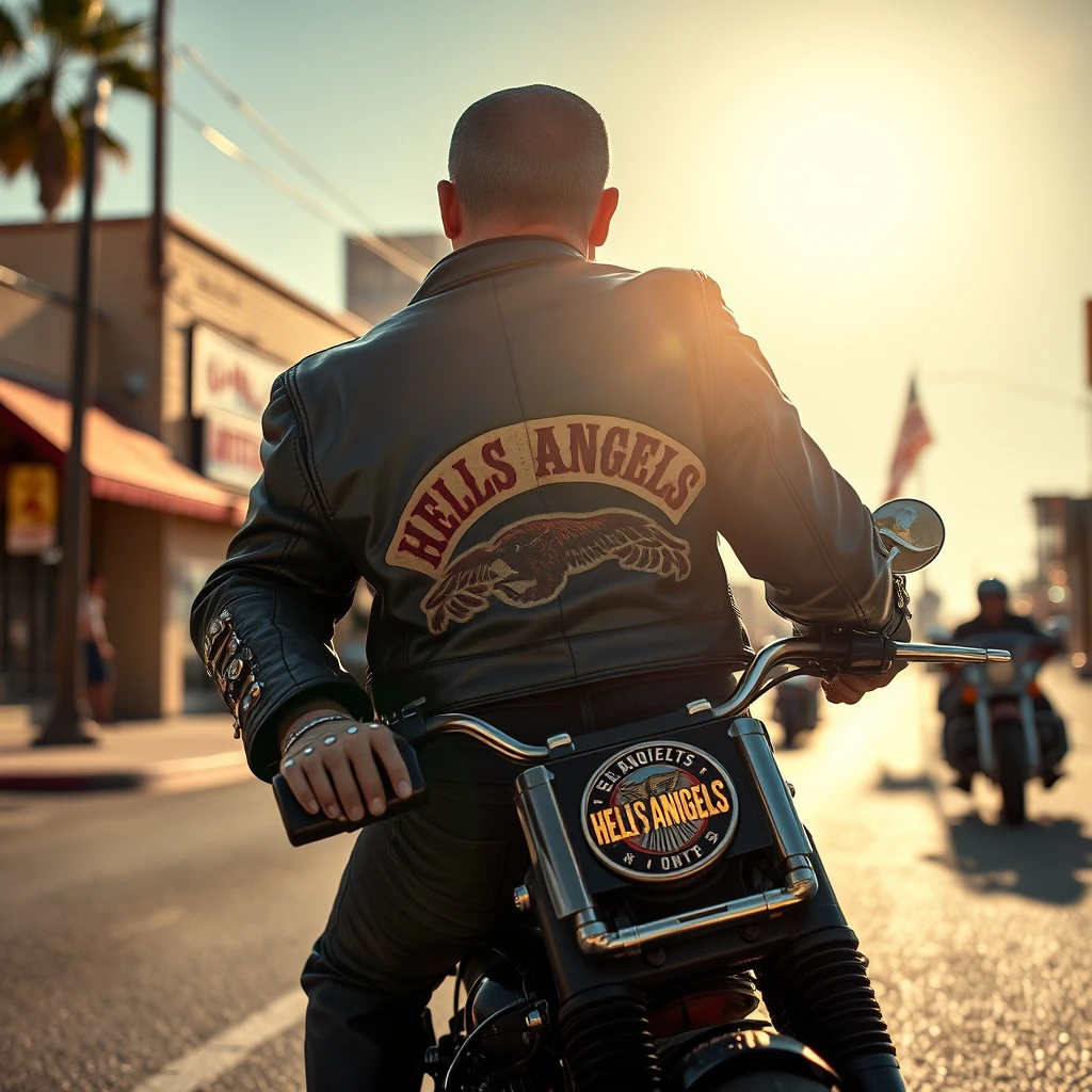 Frankenstein the Hells Angels biker rides down the street, dressed in leather and wearing a cowboy pistol belt. The noonday sun is bright, photo-realistic, leering, aggressive, 4k.