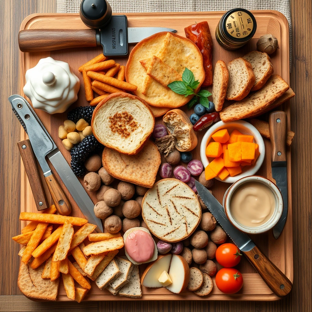 A Bavarian snack board with many different delicacies that look like food but are actually tools needed to make a film.