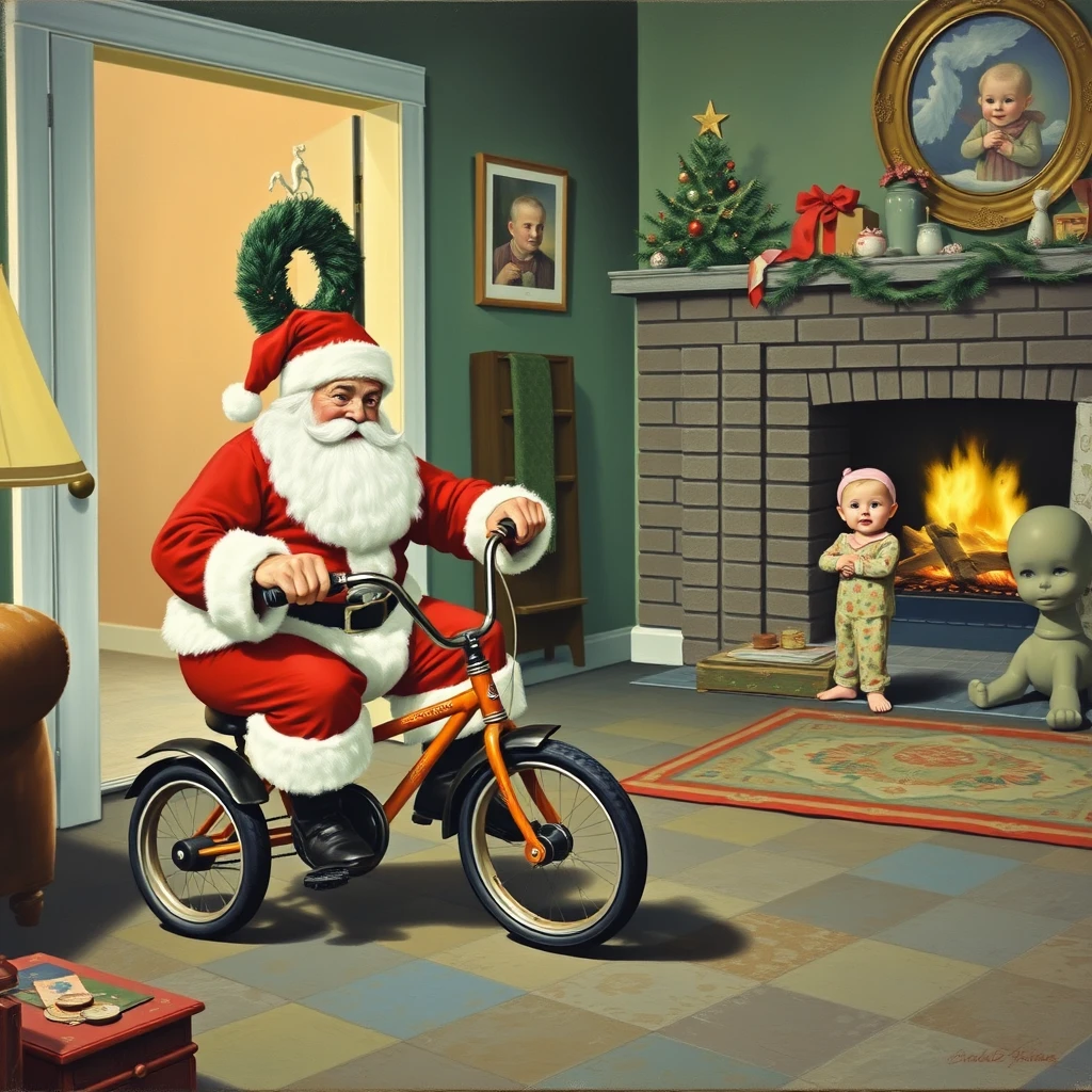 Santa is riding a tricycle around the living room while a child in pajamas watches from a doorway, as painted by Arthur Sarnoff 1952.