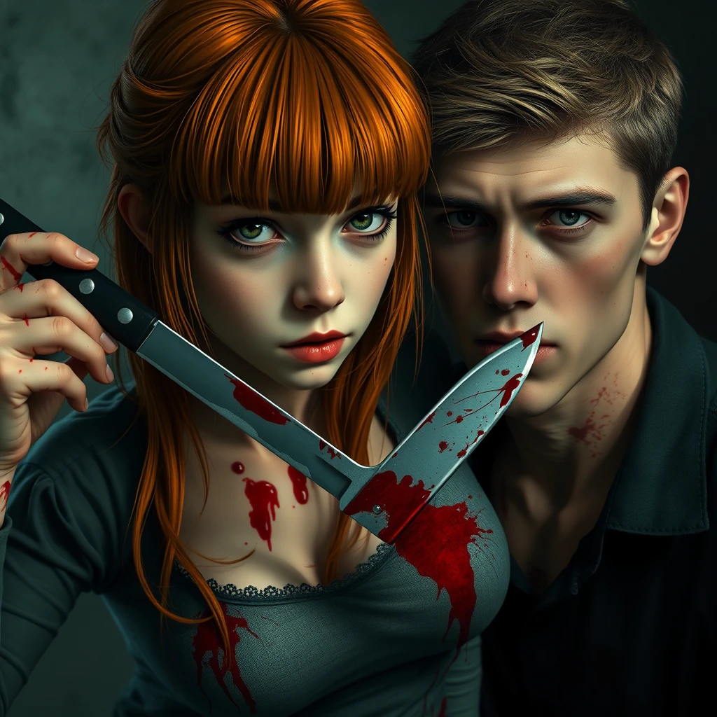 A horror scene; a short, skinny teenage girl with long ginger hair and bangs, green eyes, and large breasts is stabbing a tall young, pale-skinned brunette guy with black eyes with a knife. Both of them are covered in blood.