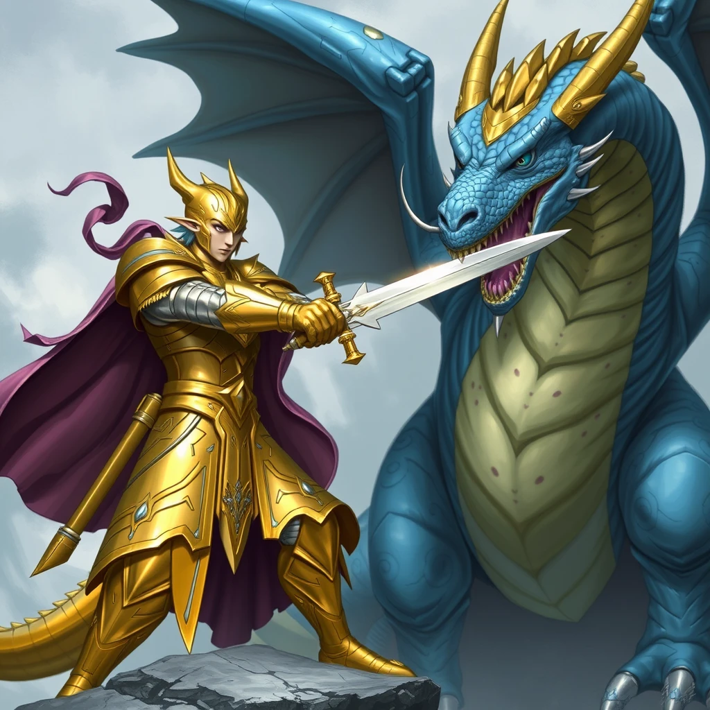 Gold and silver paladin devoted to Bahamut, the paladin doubled in size by an elf mage in a purple robe. The paladin is swinging a sword at a blue dragon with scars across the dragon's body. The paladin and elf on the left, the dragon on the right. - Image