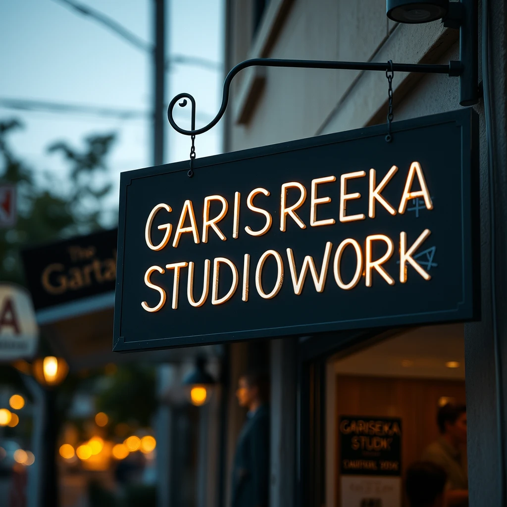 A shop at the street signage written "GARISREKA STUDIOWORK", bokeh, golden hour, outdoor.