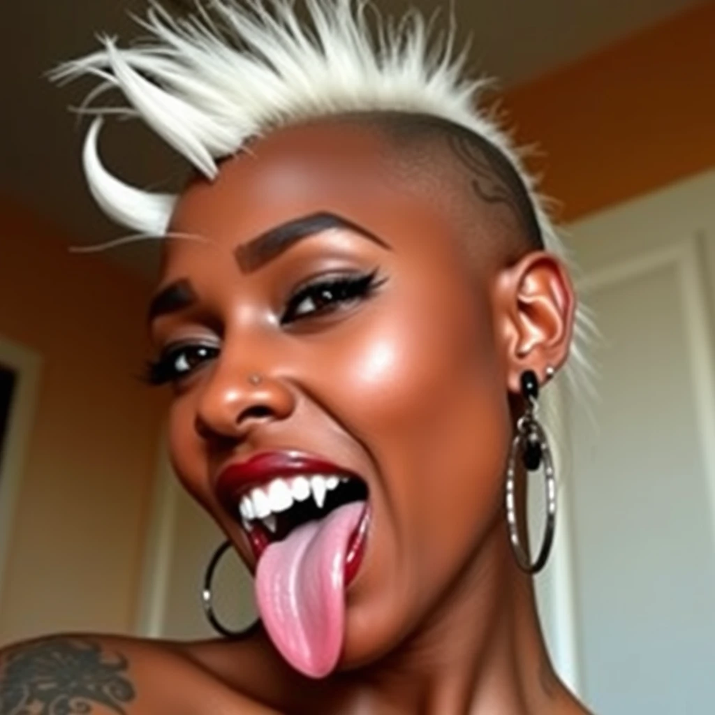 Beautiful black woman, fangs, split tongue, nose ring, side shave, shaved head, white Mohawk, nose rings, earrings, piercings, head tattoo, tattoos, demon, vampire. - Image