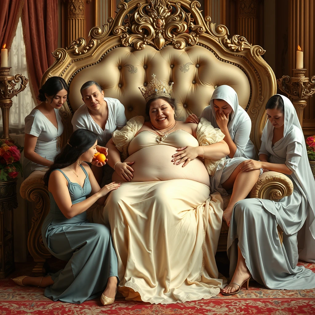 The beautiful, plump queen lies on a luxurious and exquisite lounge chair. Some palace maids are massaging her large belly, some are feeding her fruit, some are doing her nails, and some are massaging her feet. - Image