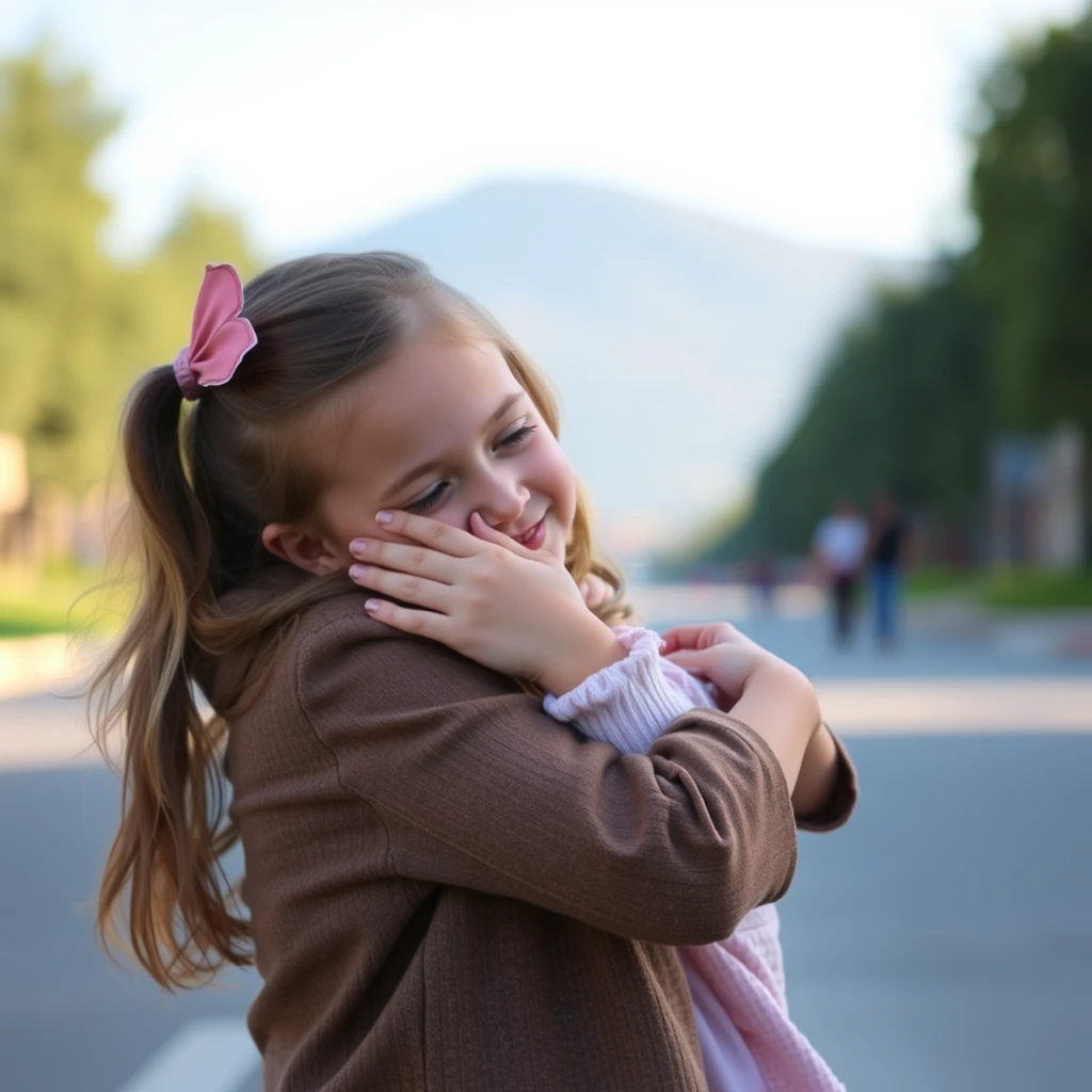 a girl hugs a girl