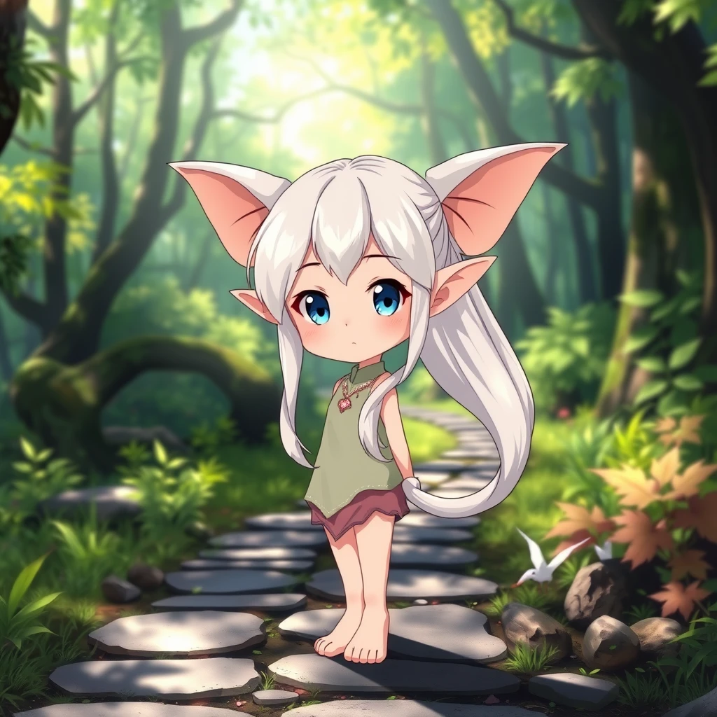 A beautiful anime-style depiction of an elf girl with long, white twin tails, large eyes, and pointed ears, standing on a stone path in a tranquil forest. Her facial features are delicate and youthful, with a serene expression. The lush green forest background with dappled sunlight and vibrant colors enhances the peacefulness. Soft lighting and detailed foliage add to the serene atmosphere. Clean lines, expressive visuals, HD quality, natural look.