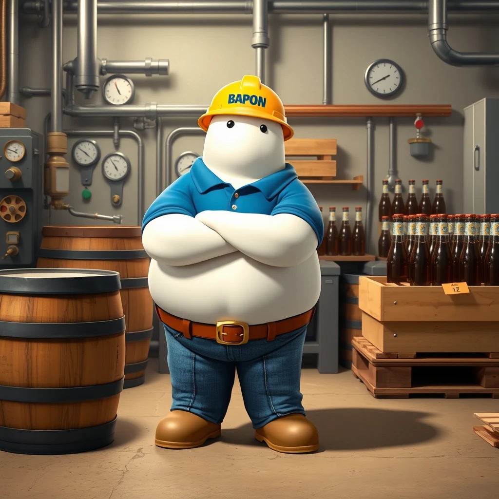 "Baymax in a beer bottling plant surrounded by machinery, a barrel, gauges, measuring instruments, pallets, bottles of beer, dressed in a blue polo shirt, blue jeans, and a yellow helmet with the word POPON written on it, and below in the photo the caption in beautiful letters."