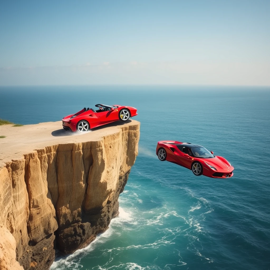 Ferraris driving off cliff into sea - Image