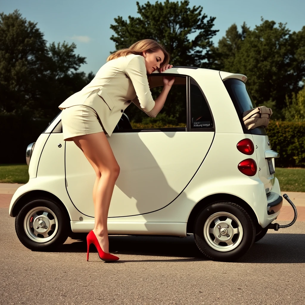 A woman in high heels punishes a small bobby car.