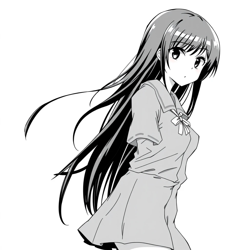 Tall, black-haired girl in a school uniform, full body. Manga style, grayscale. - Image