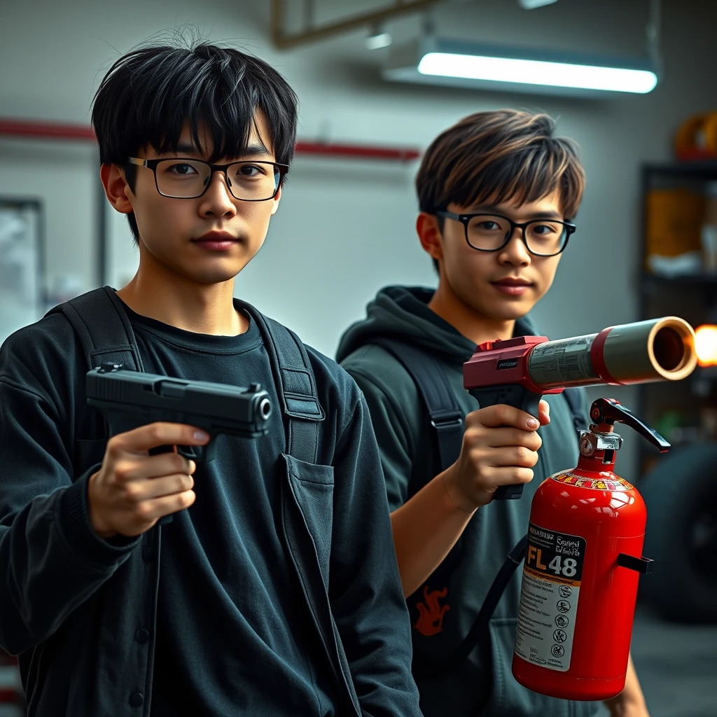 21-year-old white thin-bodied northern Chinese man wearing square glasses, with mid/long fringe black hair, holding a Glock; 21-year-old white Italian man wearing round glasses and having brown short hair, holding a very large fire extinguisher flamethrower, in a garage setting. - Image