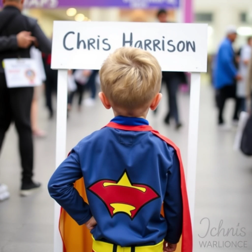 Kid wearing superhero outfit. Sign at back says: Chris Harrison.