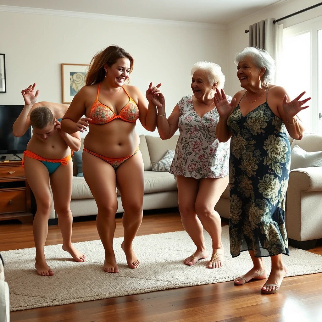 Four large women in bikinis in the living room dancing: a daughter aged 25, a mom aged 50, a grandmother aged 75, and a great-grandmother aged 95.