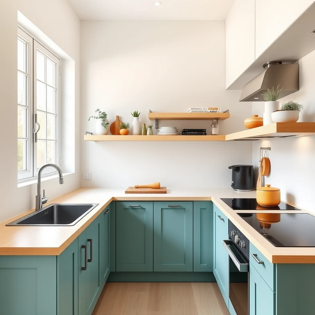 Minimalist and cheerful L-shaped kitchen platform with sink in the corner, window on one wall and cooktop next to another wall, featuring space-saving storage ideas with a fresh style and color palette. - Image