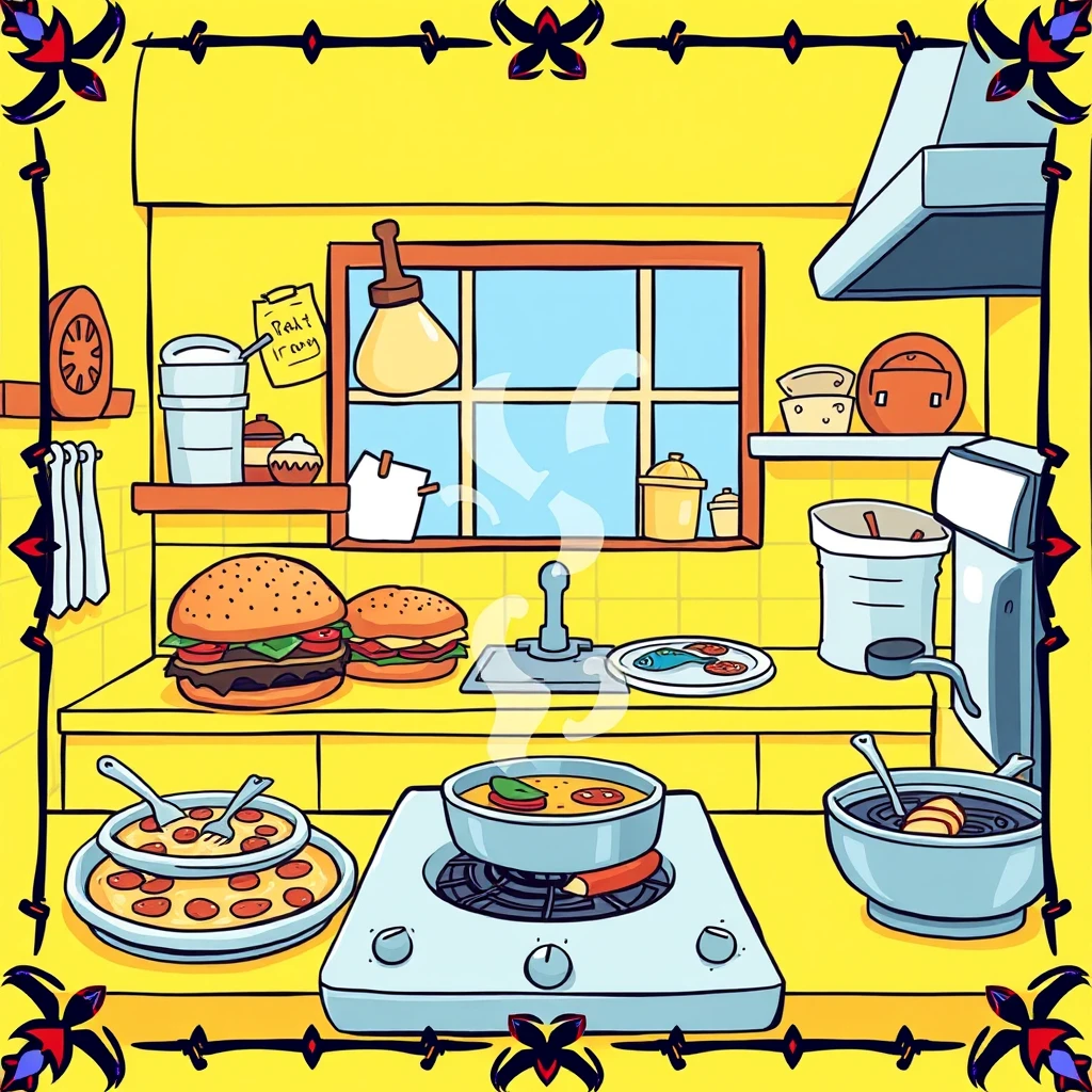 A cartoon-style game poster featuring a warm yellow kitchen with delicious burgers, pizzas, and fish soup on the stove. The scene has a playful and colorful design, inspired by Scott Campbell's art style, with a hand-drawn feel, bright colors, exaggerated proportions, and soft lighting. The poster includes a contrasting royale pattern style, deep focus, and high resolution, capturing a fun and exciting atmosphere. - Image