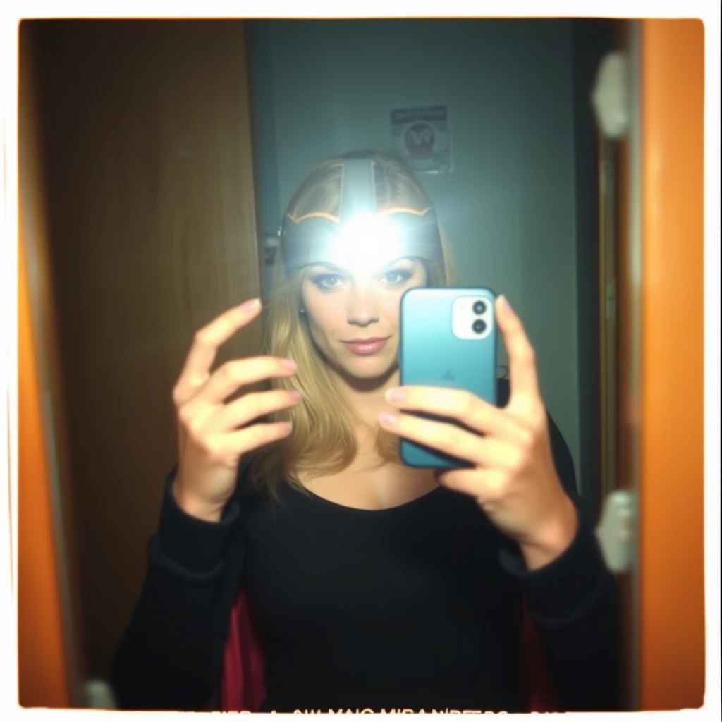 Phone photo: A woman super hero stands in front of a mirror capturing a selfie. The image quality is grainy, with a slight blur softening the details. The lighting is dim, casting shadows that obscure her features. Her expression is casual while the old iPhone struggles to focus, giving the photo an authentic, unpolished feel. The mirror shows smudges and fingerprints, adding to the raw, everyday atmosphere of the scene.