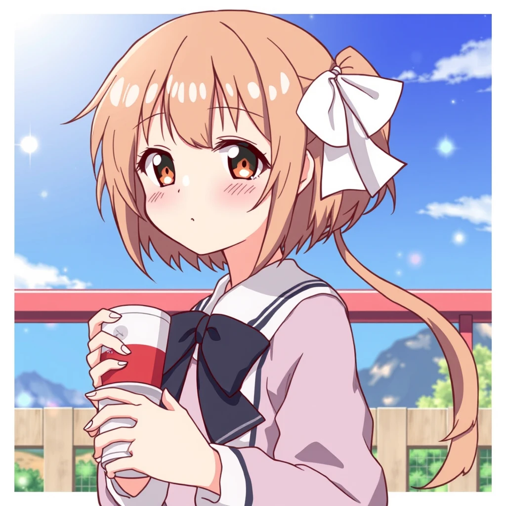 Japanese anime illustration: a girl with a cup in hand.