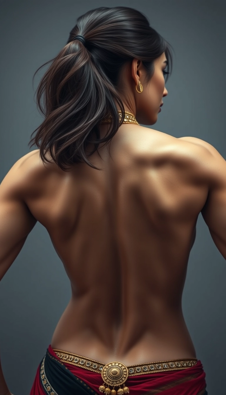 Close-up view of an unrealistically highly muscular back with big shiny muscles of a tall woman who is more Korean than Indian, with hair spread out, wearing gold ornaments on her waist and neck. - Image