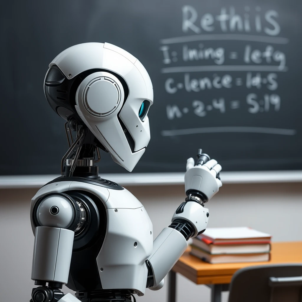 A robot is teaching a class on the blackboard.