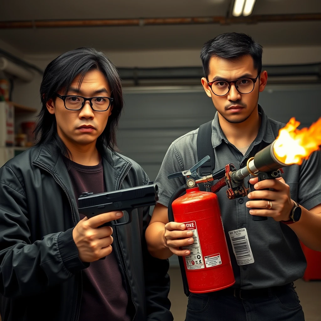 21-year-old white Chinese man with square glasses, long black hair, holding a pistol; 21-year-old white Italian man with round prescription glasses and short hair holding a very large fire extinguisher flamethrower, garage setting, both angry.