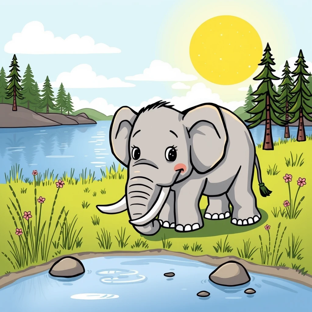 A whimsical cartoon of a happy elephant grazing near a Finnish lake in the sun. - Image