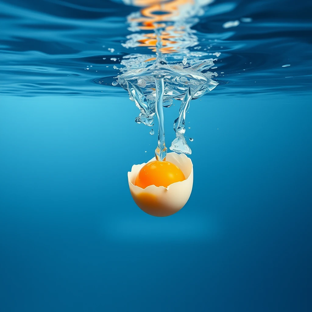 "The moment an egg falls from a height and shatters upon hitting the water's surface." - Image