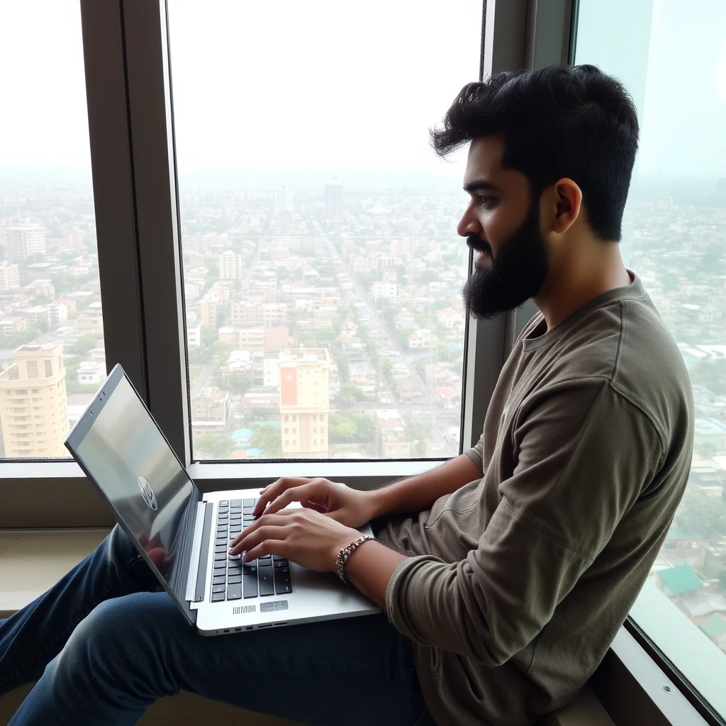 A bearded young guy, coding on an HP laptop, sitting on the 14th floor where his window shows the entire city of Indore.