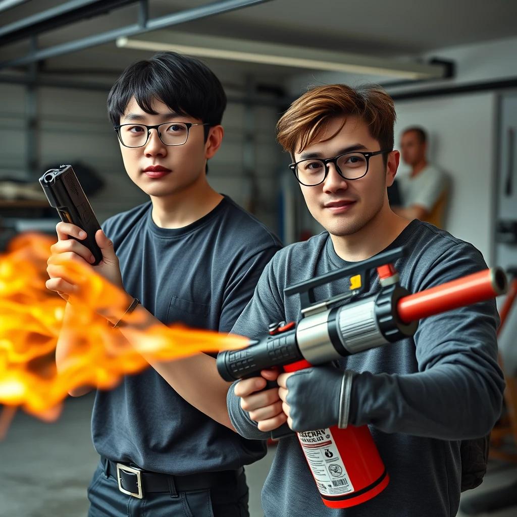 21-year-old white northern Chinese man wearing square glasses, mid/long fringe black hair, holding Glock, and 21-year-old very white Italian man wearing round glasses and brown short hair holding very large fire extinguisher flamethrower, garage setting.