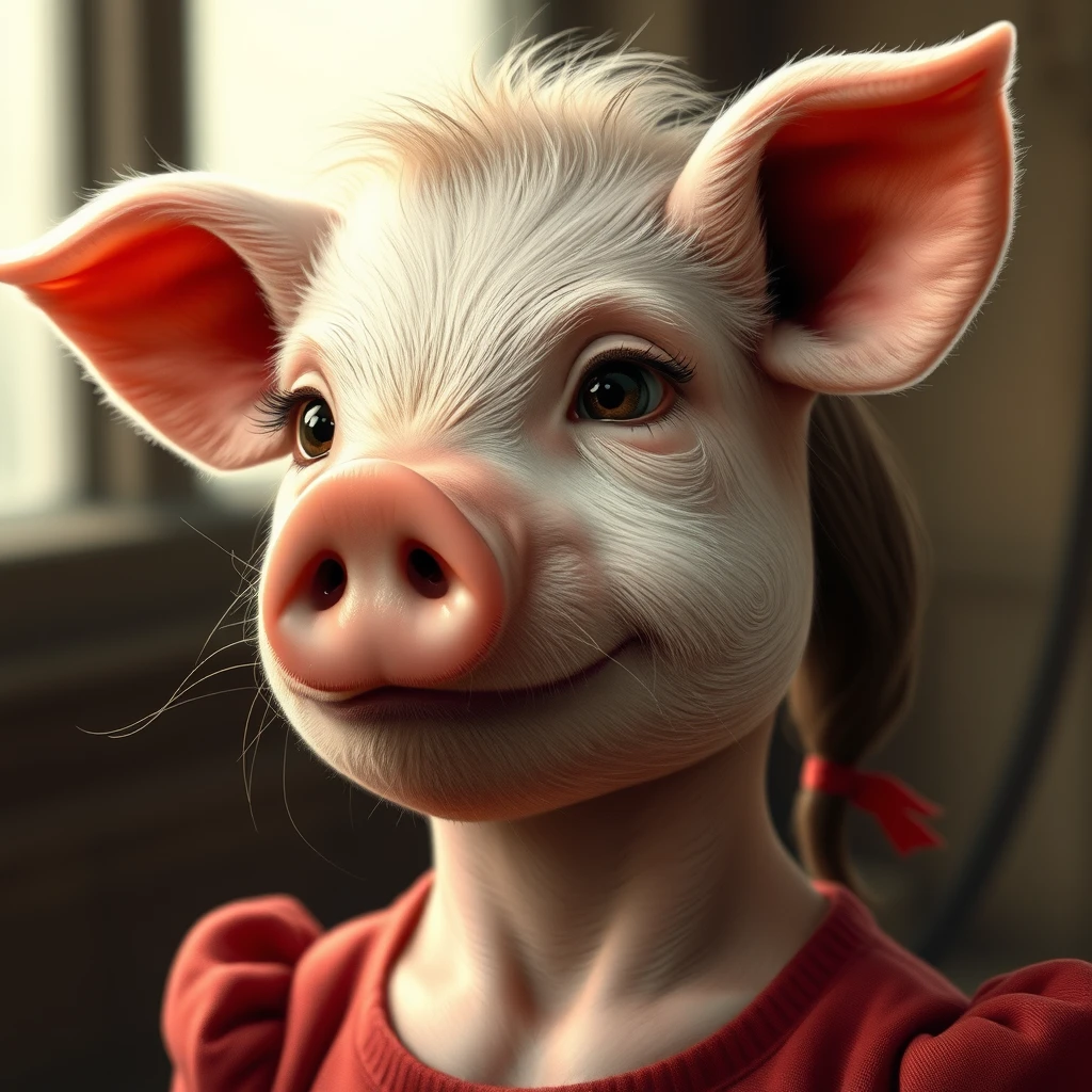 A realistic pig-human hybrid girl, she is beautiful. - Image