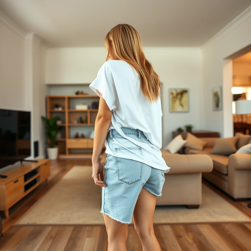 Side view angle of a skinny blonde woman in her spacious living room, wearing a massively oversized white t-shirt that is very imbalanced on one of the shoulder sleeves, along with oversized light blue denim shorts. She is barefoot and facing her TV, diving headfirst into it.