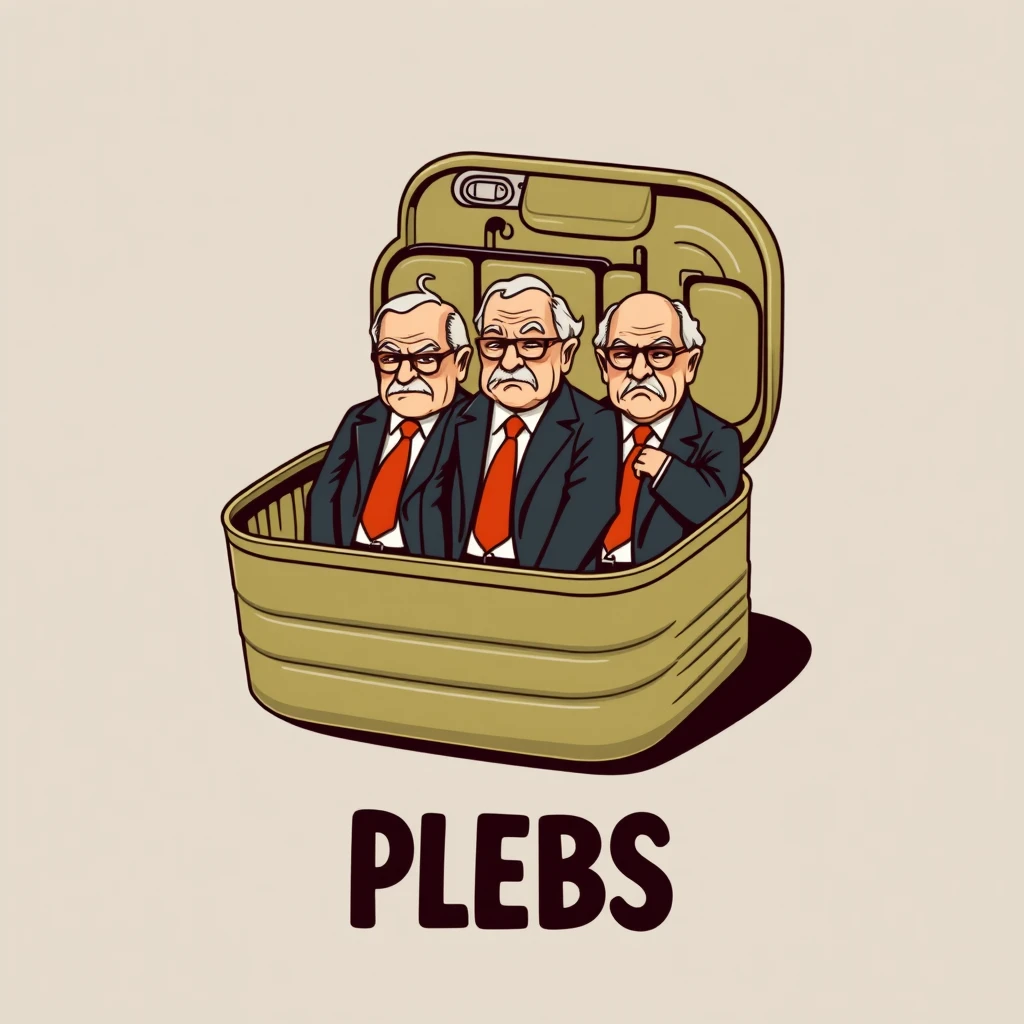 A playful t-shirt design featuring an open sardine can with a twist-off top, with five live rich old men standing upright and packed shoulder to shoulder in business suits, scowling, and the text "PLEBS" underneath, designed for a t-shirt. View from the front.