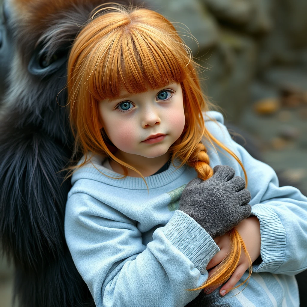 A cute ginger-haired Russian teenage girl with green eyes and bangs being carried by a gorilla wearing light blue and white clothes.