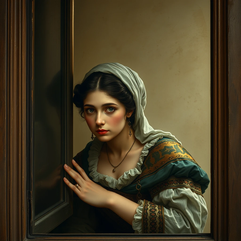 Stunning image of a renaissance woman peeking through a window in the style of a Tadema painting.