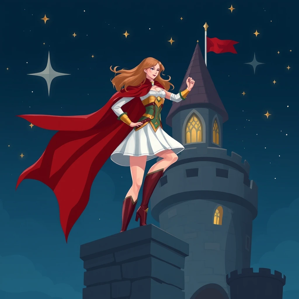 Photo: female hero with red cape on tower of castle under the stars of the night.