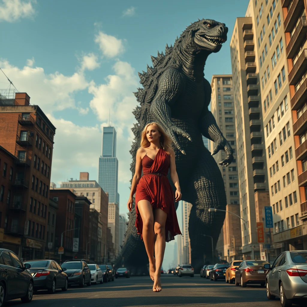 50-meter tall giant woman the size of Godzilla walking through the city barefoot, she is taller than building rooftops.