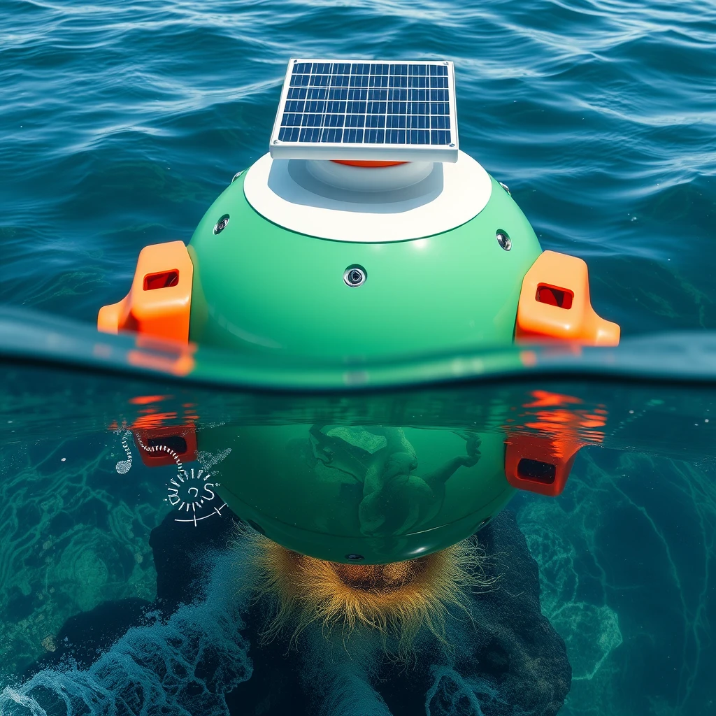 Stunningly beautiful marine buoy, powered by solar panels, with technology that smartly measures physical parameters of wave heave, underwater temperature, BOD status.