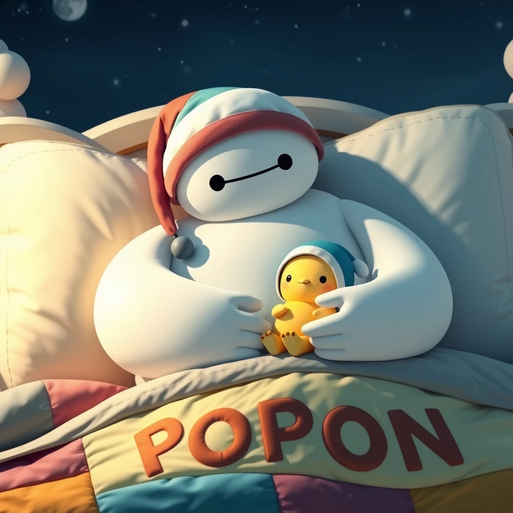 Baymax at night with a colored nightcap, cuddling and rocking a cute tiny yellow kawaii hatchling with a nightcap in the biggest fantastic cute kawaii bed in the world with the word POPON sewn on the patchworked padding. - Image