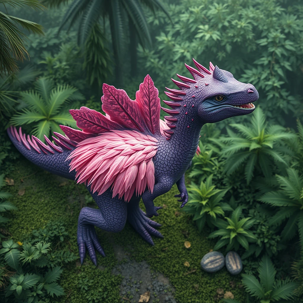 an overhead aerial view of a realistic purple spiked dinosaur covered with a frill of pink feathers roaming a lush forest