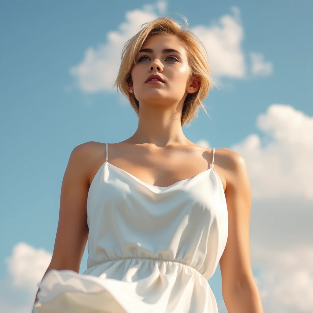 A serene, blissful scene of a young woman in a silky white sundress. The scene feels real and unpolished, informal. The subject has natural beauty, authentic imperfections; counter to the plastic surgery so often seen. A few strands of light blonde frame the sides of her eyes. The fluffy clouds decorate the clear blue sky. The breeze teases the hem of her skirt.