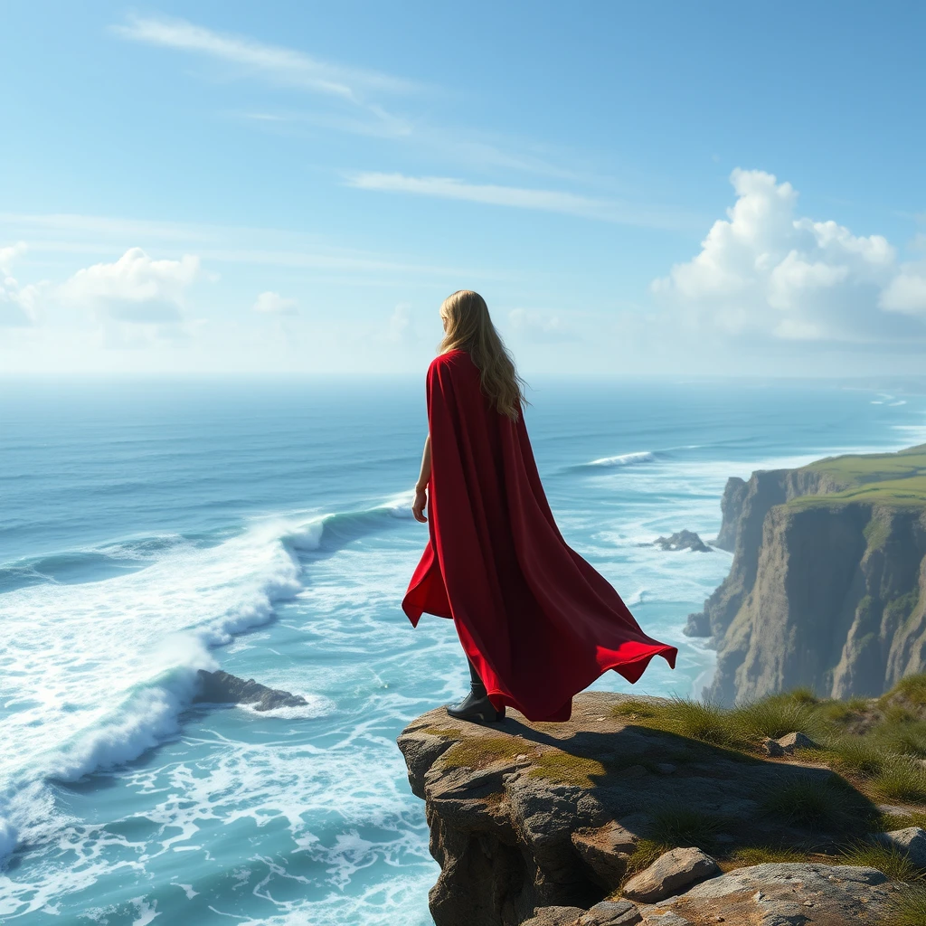 Photo realistic: Fantasy heroine with a red cape stands on the cliff above the sea surf.