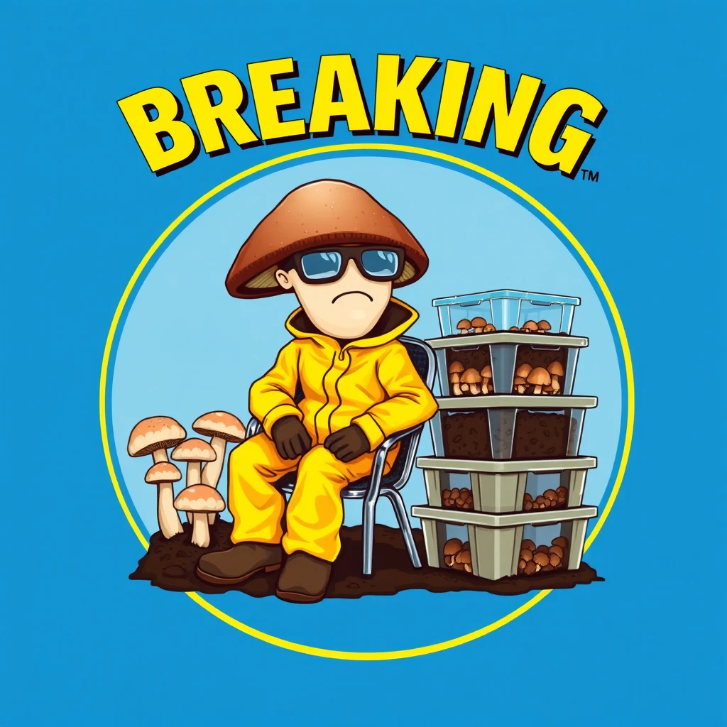 Create a realistic logo featuring a title in big painted typography saying "BREAKING BLUE." In the logo, a realistic brown cap white stem mushroom character wearing a yellow hazmat suit is sitting on a metal chair, facing forward. It has dark rim glasses. Stacked clear rectangular plastic totes are full of brown cap white stem mushrooms growing from brown soil. There is a circular border, parodying Breaking Bad. - Image