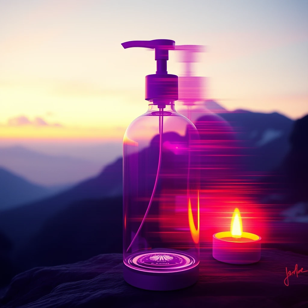 Multiple exposure, the art of Alphonse Mucha, cosmetic glass bottle, violet, character design, rendering, biomechanics, science fiction, volumetric lighting, beautiful scenery, dramatic colors.