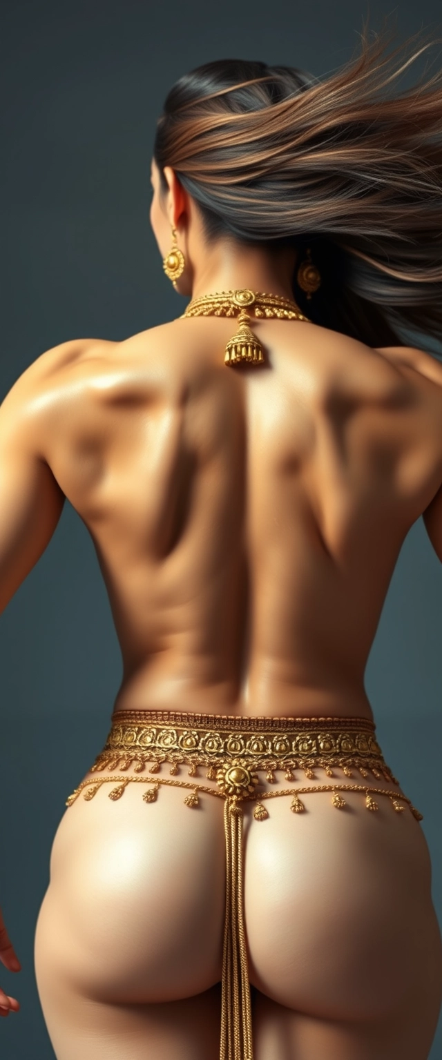 Close-up view of the back with big shiny muscles of a godly, highly muscular, strictly white-skinned Indian big tall woman, her hair flying in the air, wearing many gold ornaments and chains on her waist, breast, and neck, posed in a yoga position.