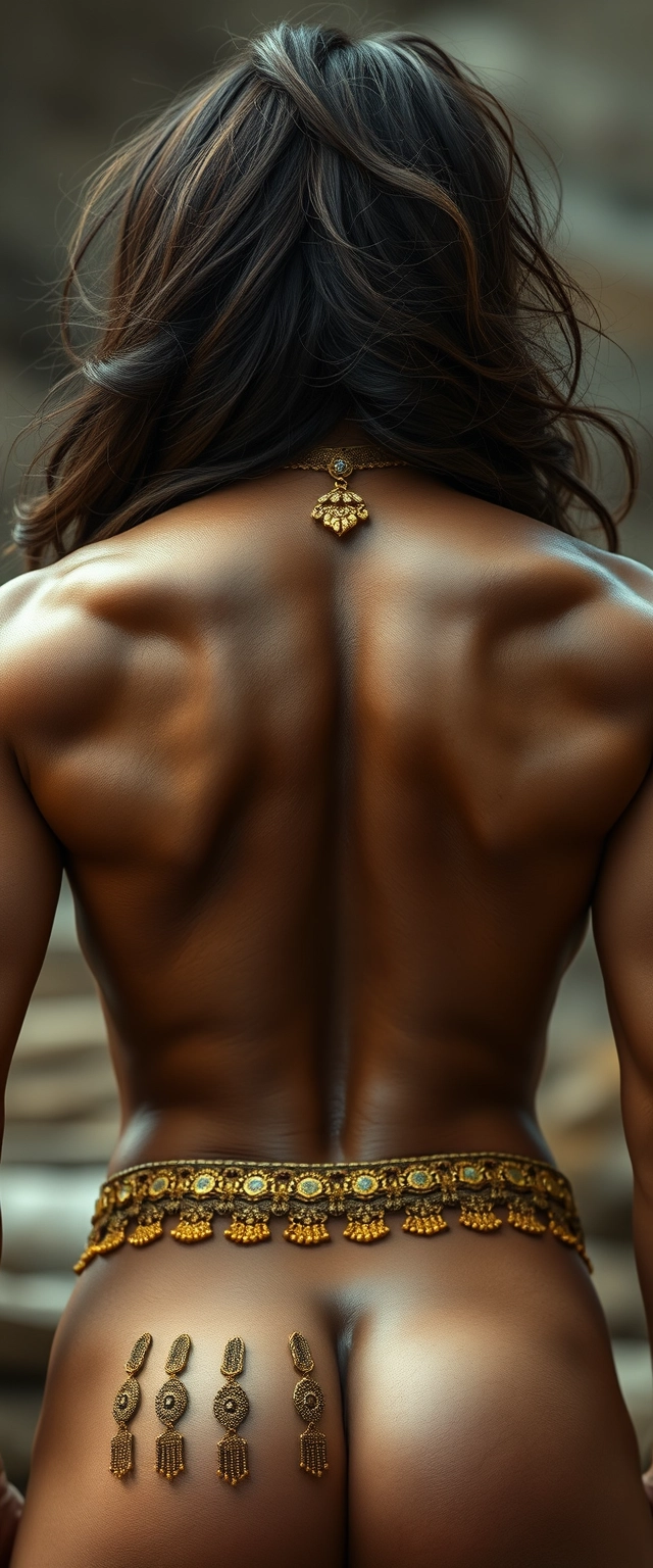 Close-up view of an unrealistically highly muscular back with big shiny muscles of a tall Nordic-Indian woman, hair spread, wearing gold ornaments on her waist and neck.