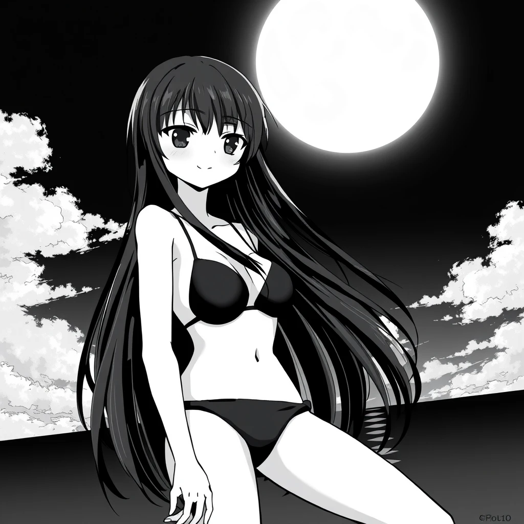 Girl with long, black hair in a black bikini. In the background, a black sky with a big, bright moon. Manga, grayscale. - Image